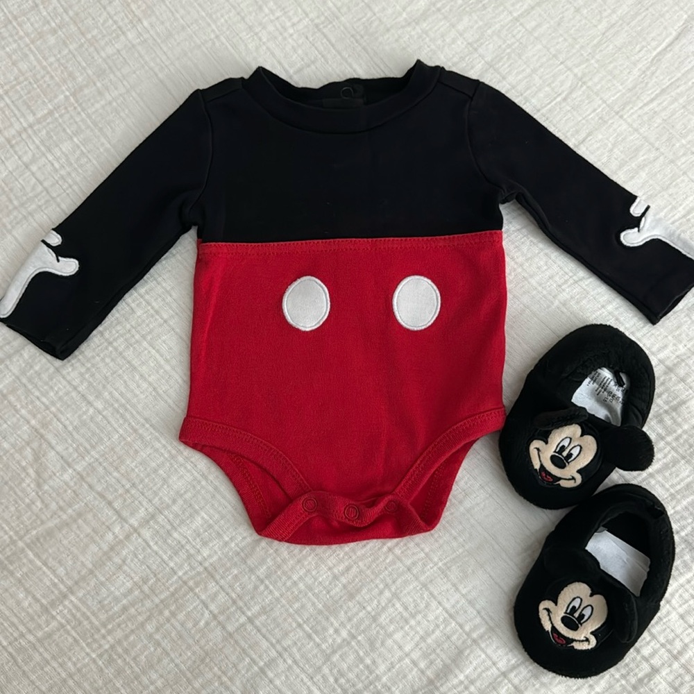 Disney store Mickey bodysuit and H&M Mickey slippers